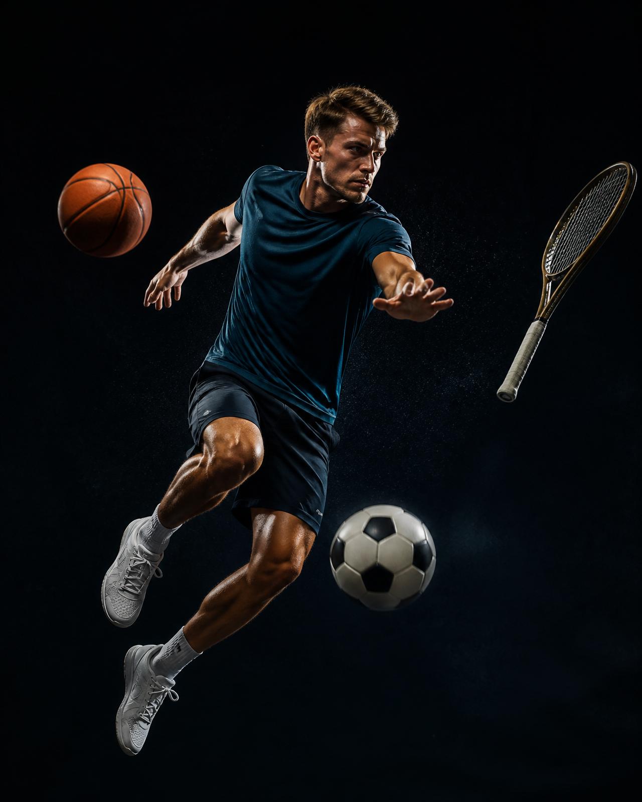 Athlete surrounded by basketball, soccer ball, tennis racket in motion
